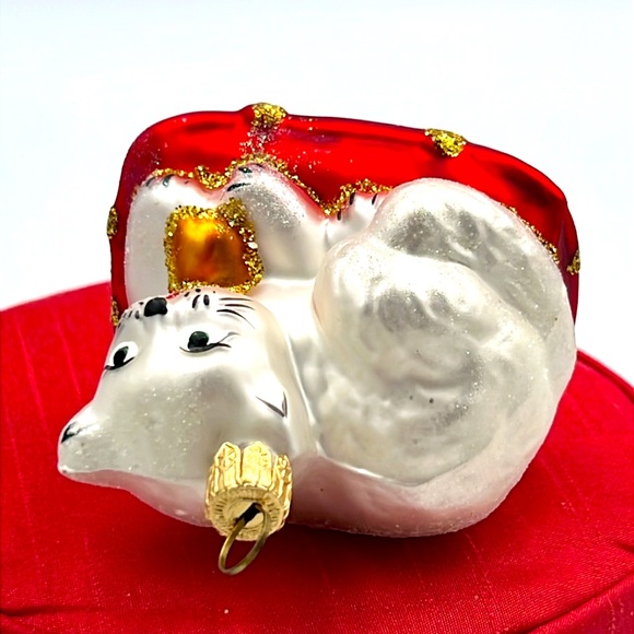 VTG Cat long haired white on red pillow Glads Blown Christmas tree ornament - Picture 5 of 8